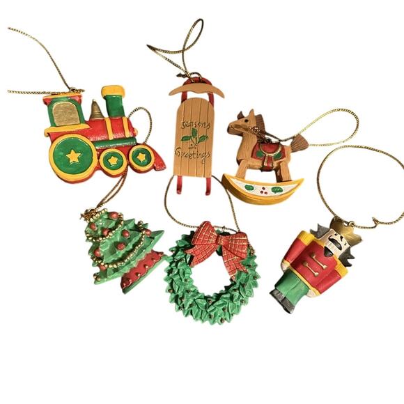 Set 6 VTG WOOD RESIN Christmas Tree Rocking Horse Wreath Train Sled ORNAMENT - Picture 1 of 2